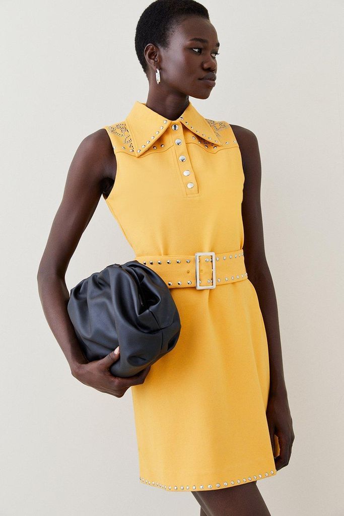 Ponte Belted Stud Mini Dress -, Yellow