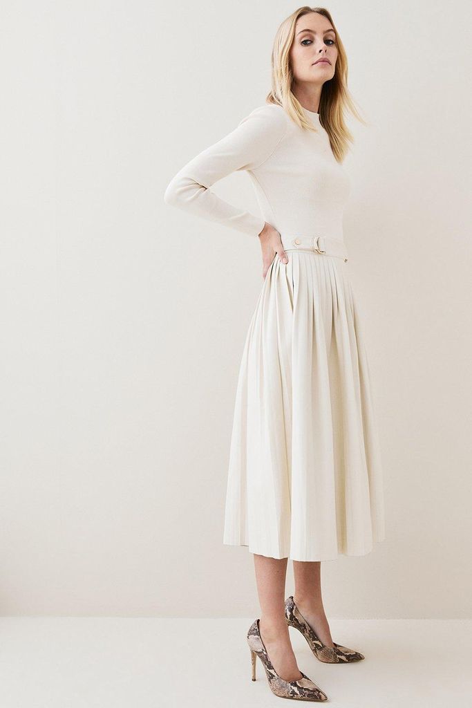 Knitted Pleated Midi Dress With Pu Detailing -, Cream