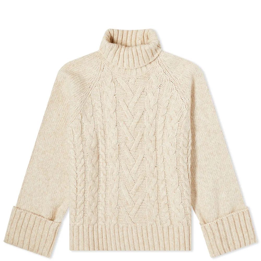 Women's Chunky Cable Oversized Highneck Pullover Jumper Egret