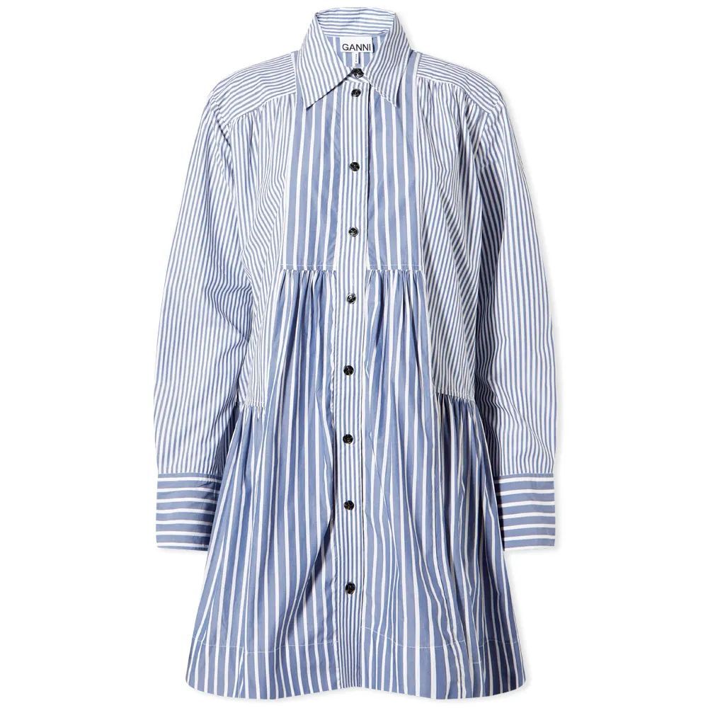 Women's Stripe Cotton Wide Mini Shirt Dress Gray Blue