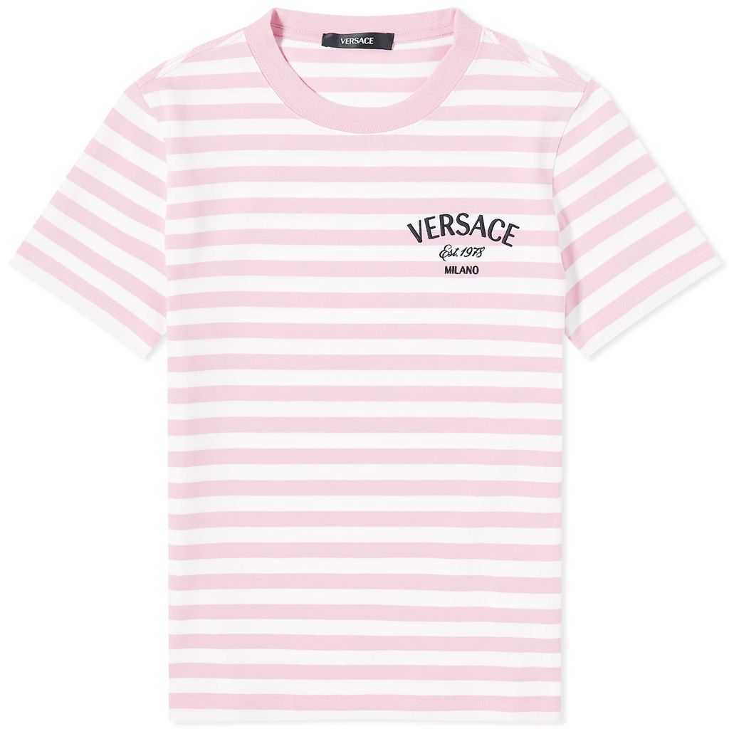 Women's Fitted Stripe Logo T-Shirt White/Pink/Multi