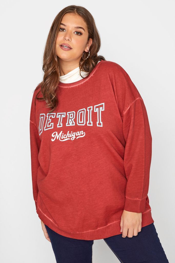 Curve Rust Orange Acid Wash 'Detroit' Slogan Sweatshirt, Women's Curve & Plus Size, Yours