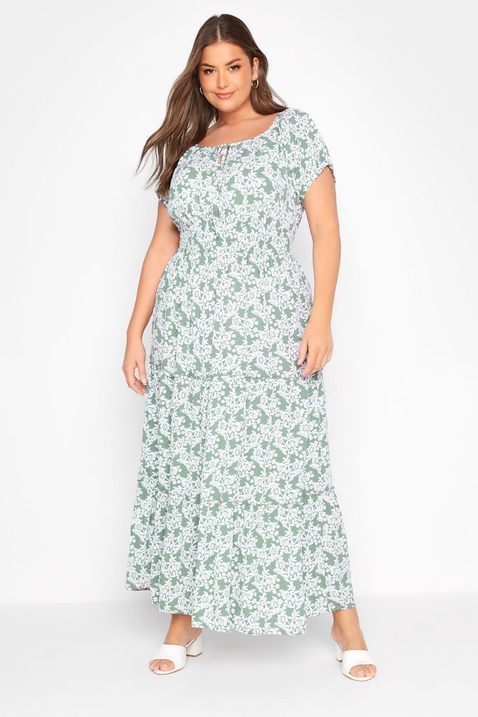 Curve Sage Green Floral Print Bardot Maxi Dress, Women's Curve & Plus Size, Yours