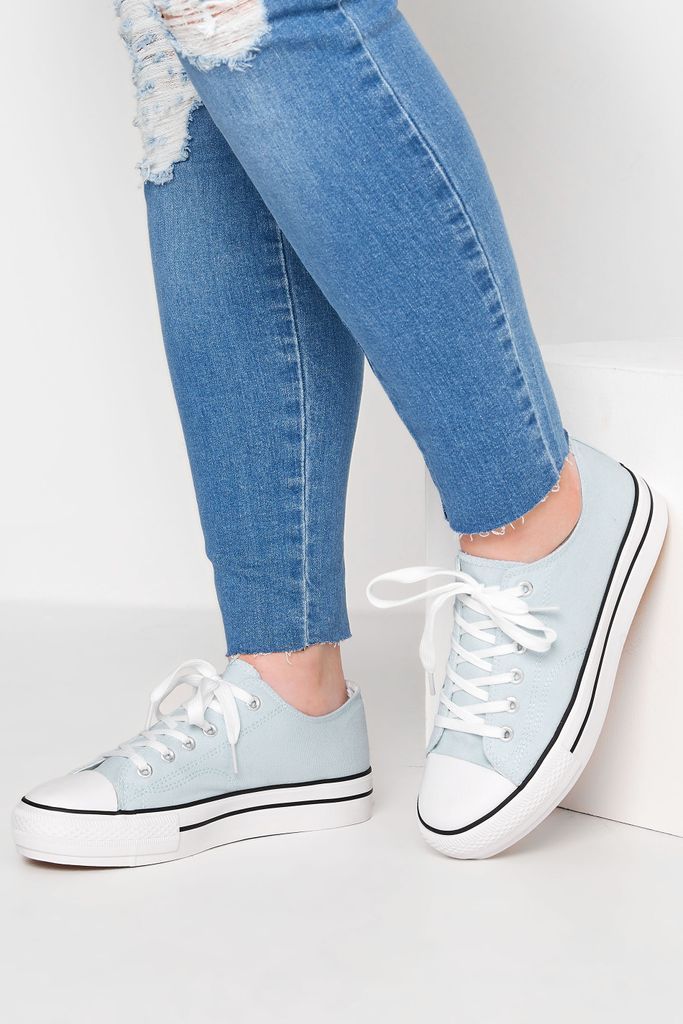 Light Blue Canvas Platform Sole Low Trainers In Wide E Fit