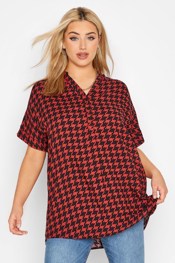 Curve Red Dogtooth Print Half Placket Blouse, Women's Curve & Plus Size, Yours