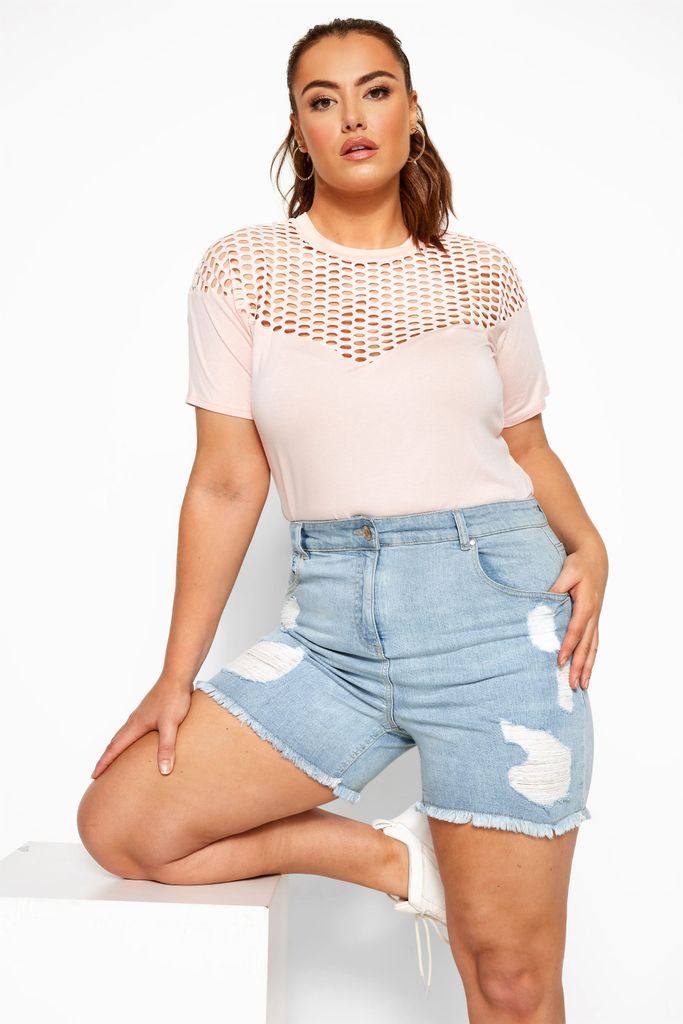 Curve Light Blue Ripped Stretch Denim Mom Shorts, Women's Curve & Plus Size, Yours
