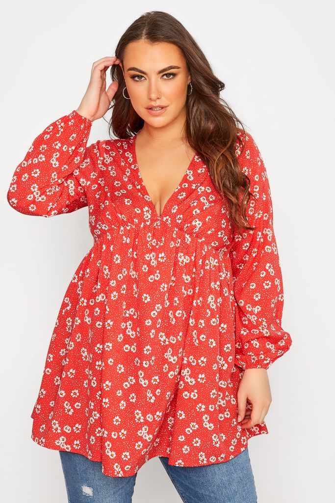 Curve Red Floral Print Plunge Peplum Blouse, Women's Curve & Plus Size, Limited Collection