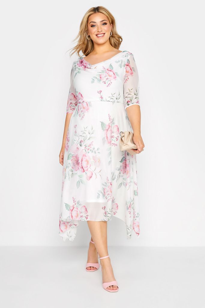 Curve White Floral Cowl Dress, Women's Curve & Plus Size, Yours London