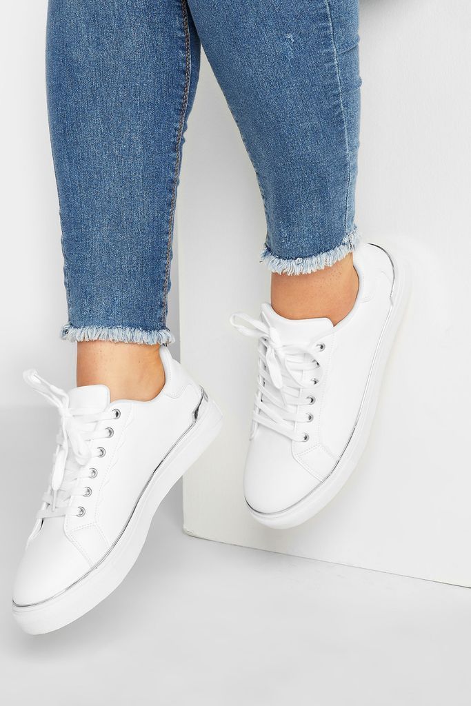 White & Silver Hardware Scallop Trainers In Extra Wide eee Fit