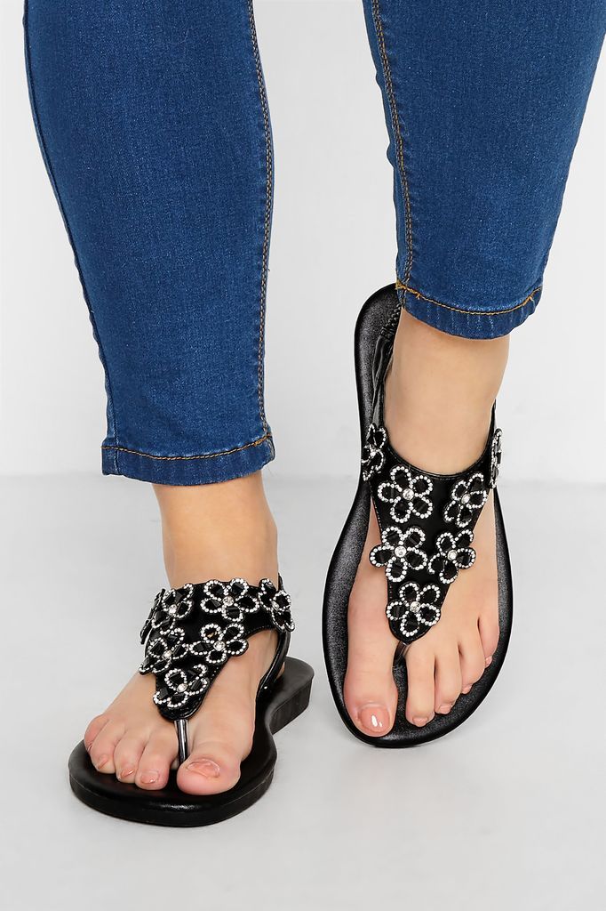 Black Diamante Flower Sandals In Wide E Fit & Extra Wide eee Fit