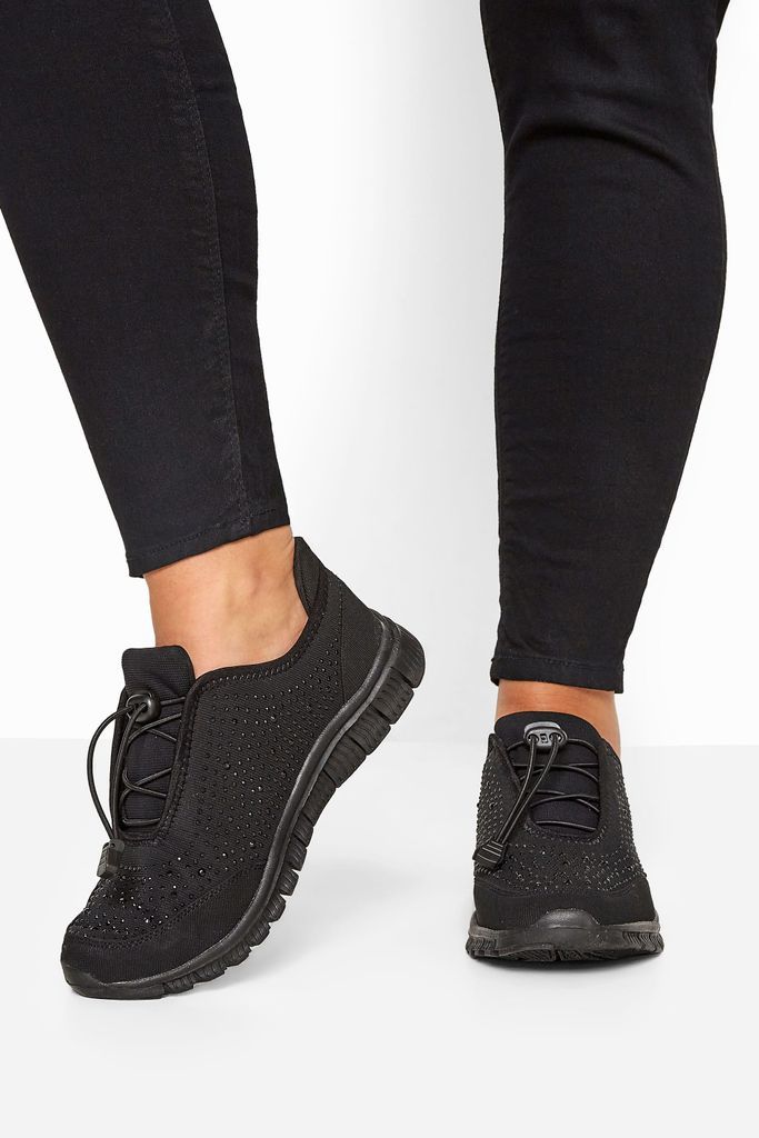 Black Embellished Drawcord Trainers In Wide E Fit & Extra Wide eee Fit
