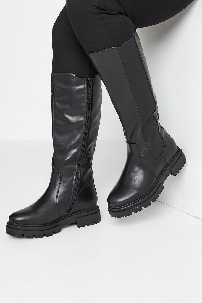 Black Elasticated Knee High Cleated Boots In Wide E Fit & Extra Wide eee Fit
