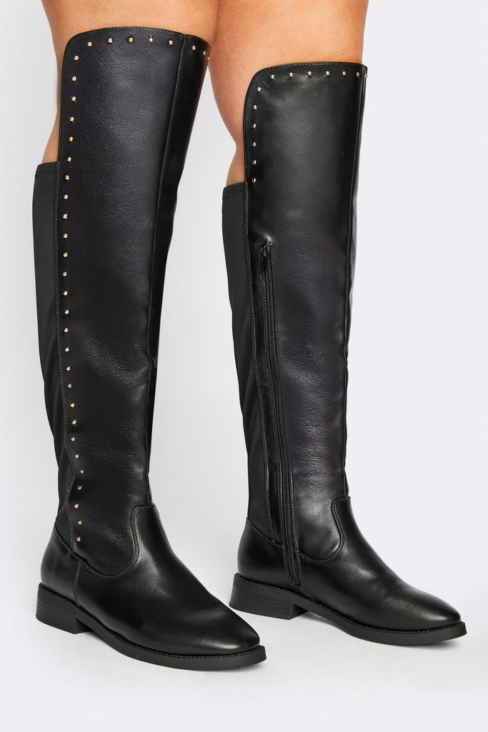Black Pu Stud Over The Knee Boots In Wide E Fit & Extra Wide eee Fit