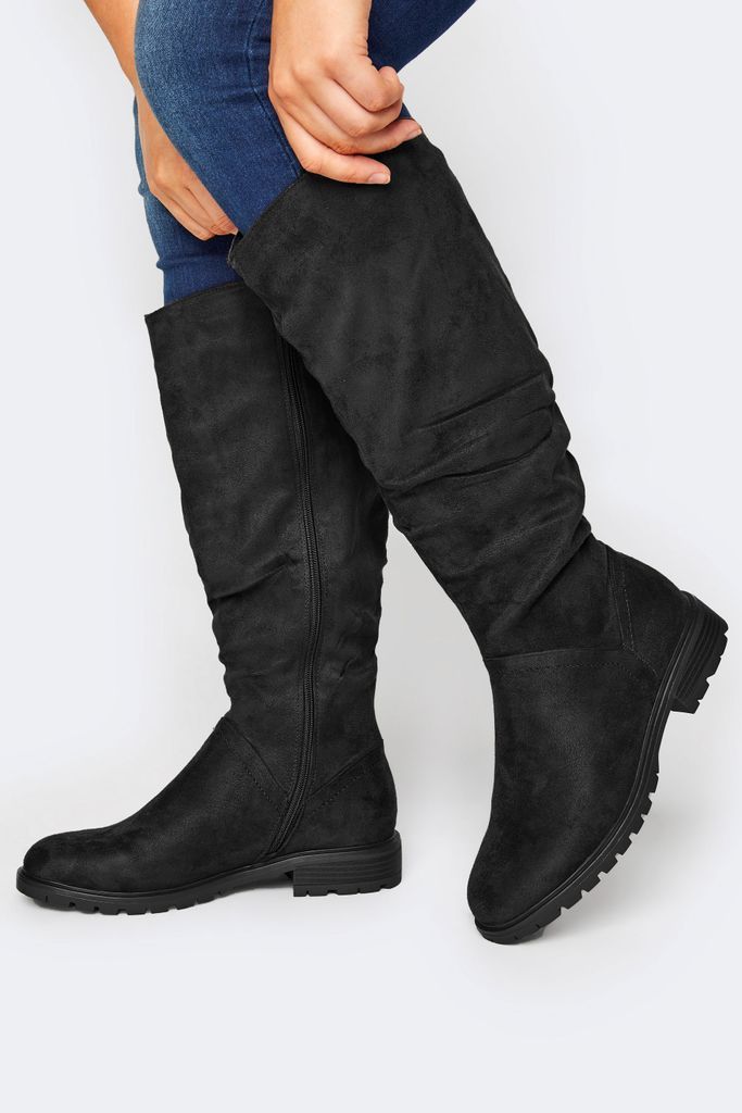 Black Ruched Cleated Boots In Wide E Fit & Extra Wide eee Fit