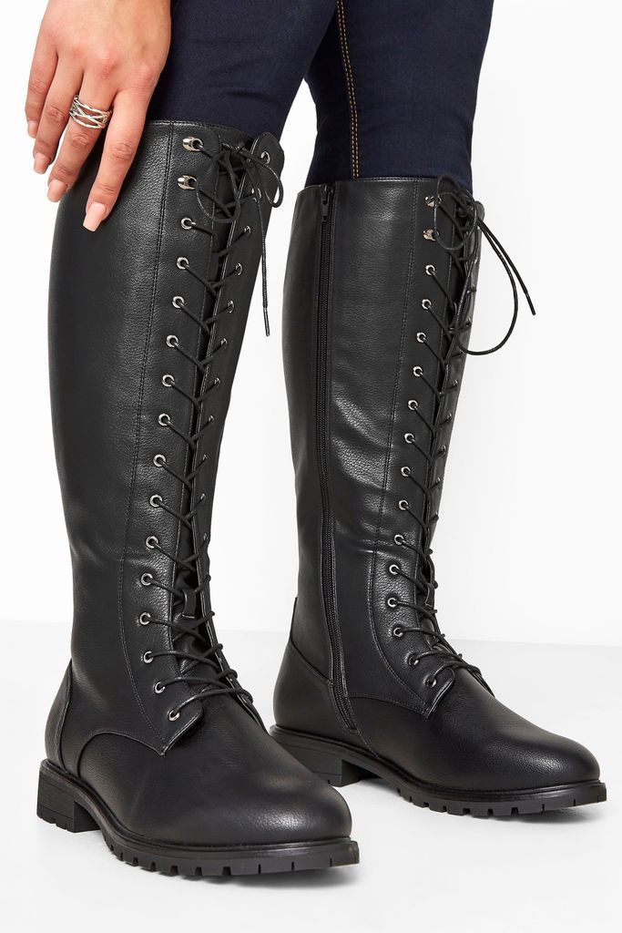 Black Vegan Faux Leather Lace Up Knee High Boots In Wide E Fit & Extra Wide eee Fit
