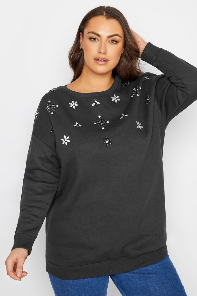 Curve Black Diamante Embellished Flower Sweatshirt, Women's Curve & Plus Size, Yours