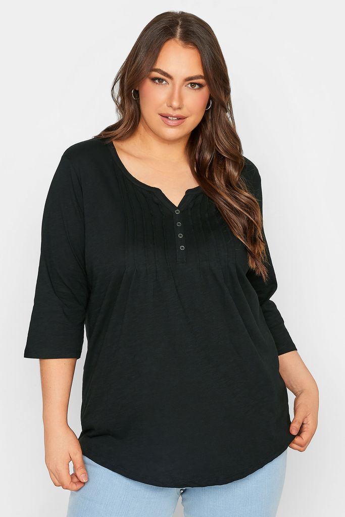 Curve Black Pintuck Button Henley Tshirt, Women's Curve & Plus Size, Yours For Good
