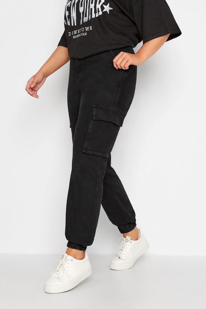 Curve Black Washed Cargo Jeans, Women's Curve & Plus Size, Yours
