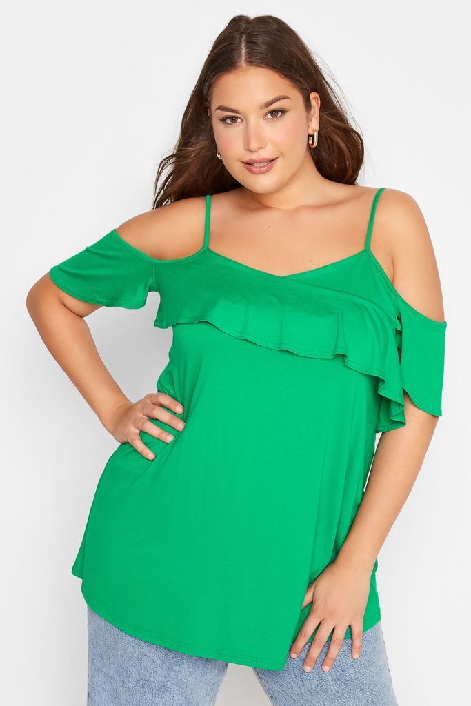 Curve Apple Green Frill Cold Shoulder Top, Women's Curve & Plus Size, Yours