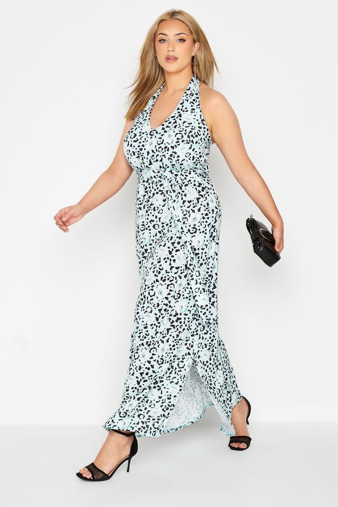 Curve Blue Leopard Print Halter Neck Maxi Dress, Women's Curve & Plus Size, Yours London