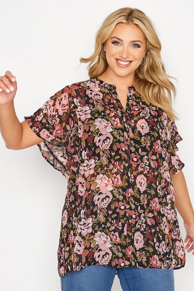 Curve Black & Pink Short Frill Sleeve Shirt, Women's Curve & Plus Size, Yours
