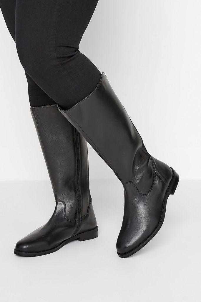 Black Elasticated Knee High Leather Boots In Wide E Fit & Extra Wide eee Fit