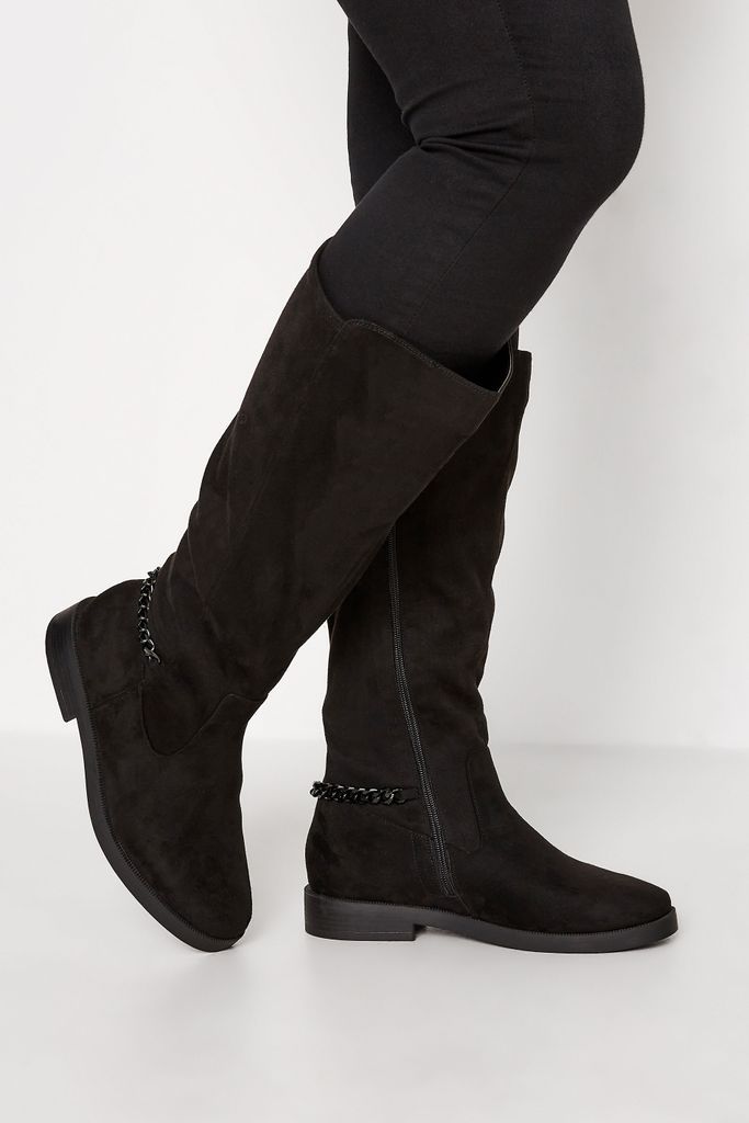 Curve Black Suede Knee High Chain Detail Boots In Wide E Fit & Extra Wide eee Fit