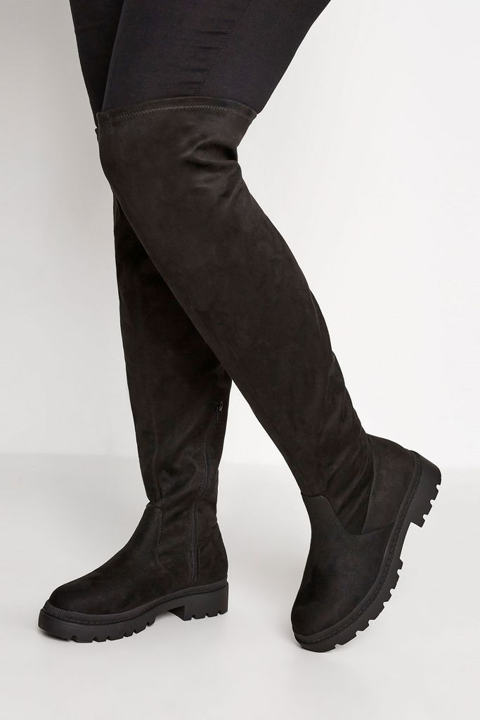 Black Suede Over The Knee Chunky Boots In Wide E Fit & Extra Wide eee Fit