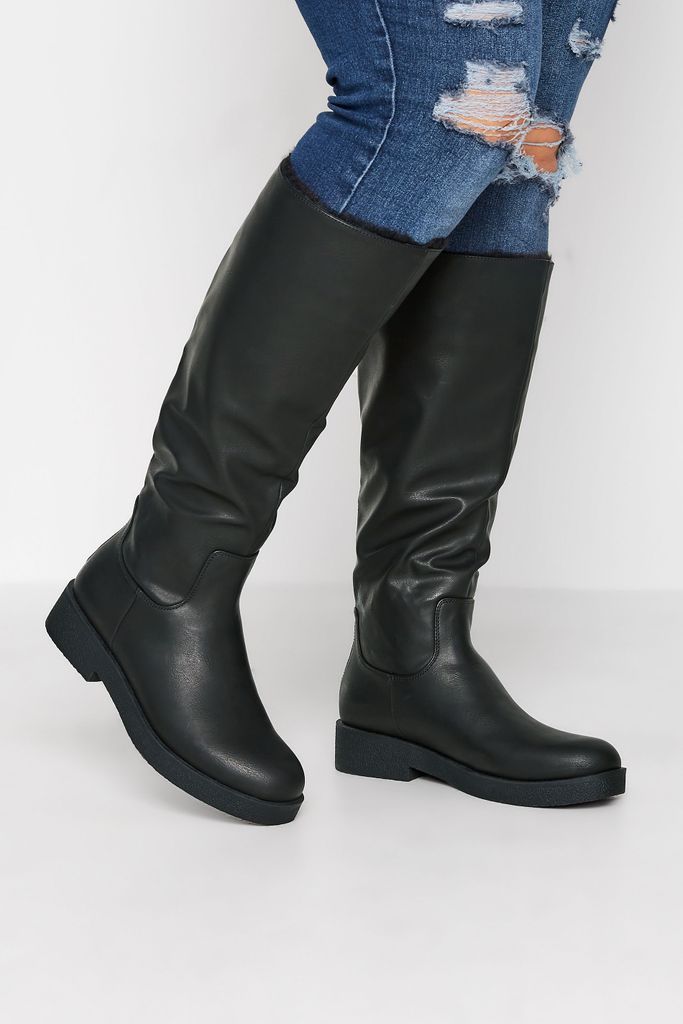 Black Fur Lined Knee High Boots In Wide E Fit