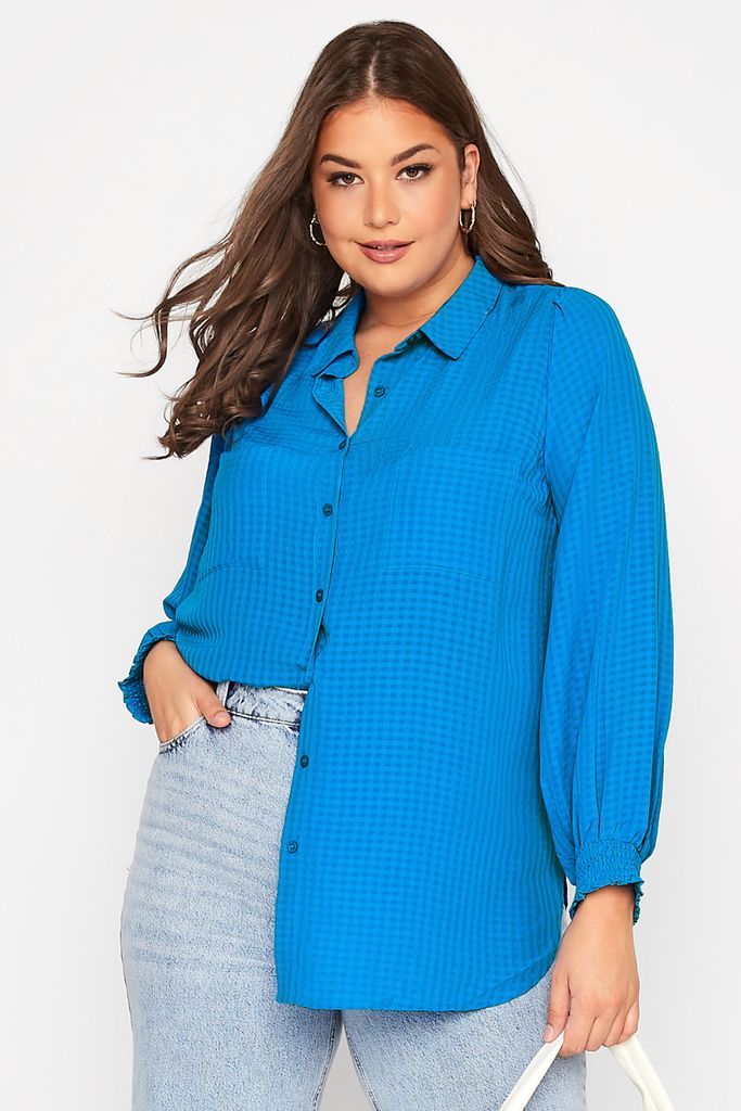 Curve Blue Shirred Cuff Button Through Blouse, Women's Curve & Plus Size, Yours