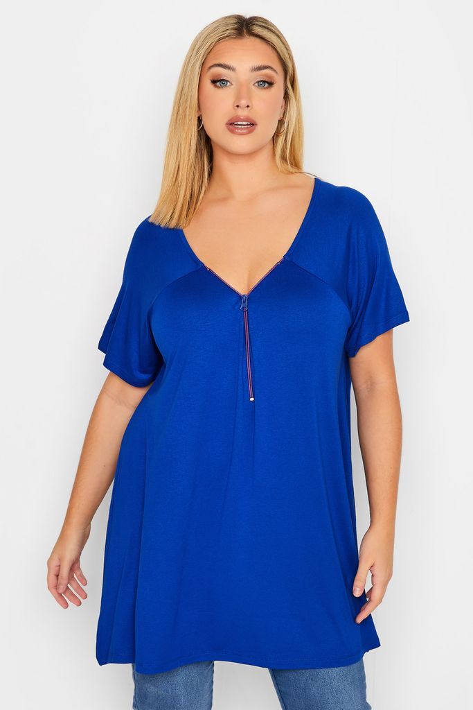 Curve Blue Zip Neck Tshirt, Women's Curve & Plus Size, Yours