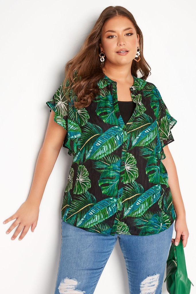 Curve Black & Green Leaf Print Short Frill Sleeve Shirt, Women's Curve & Plus Size, Yours