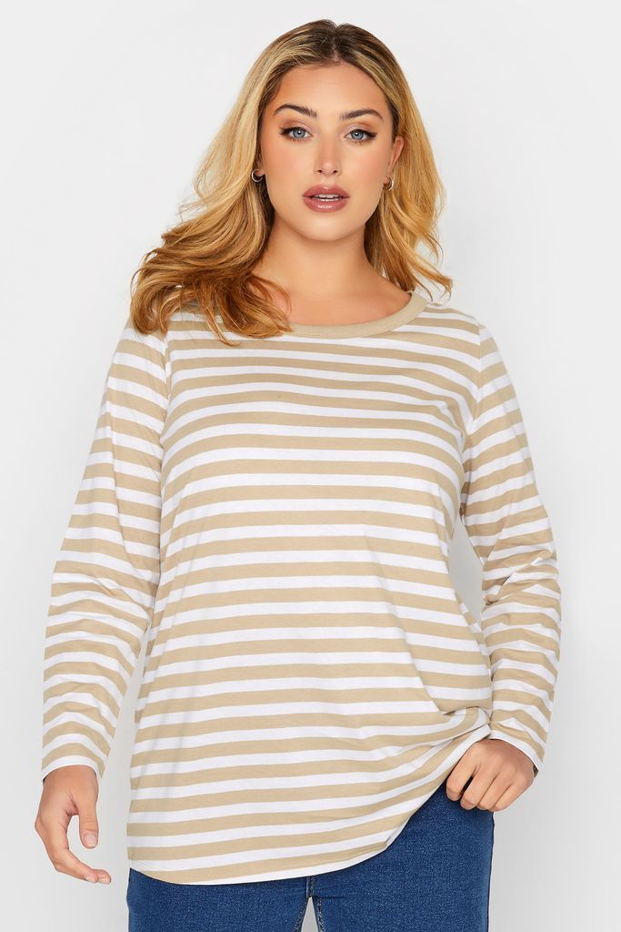 Curve Beige Brown Stripe Long Sleeve Tshirt, Women's Curve & Plus Size, Yours