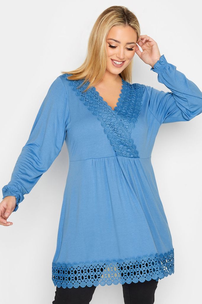 Curve Blue Crochet Long Sleeve Tunic Top, Women's Curve & Plus Size, Yours