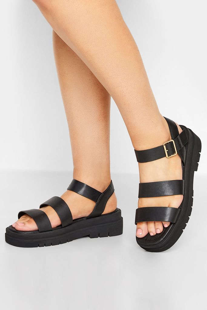 Black Triple Strap Gladiator Sandals In Wide E Fit & Extra Wide eee Fit
