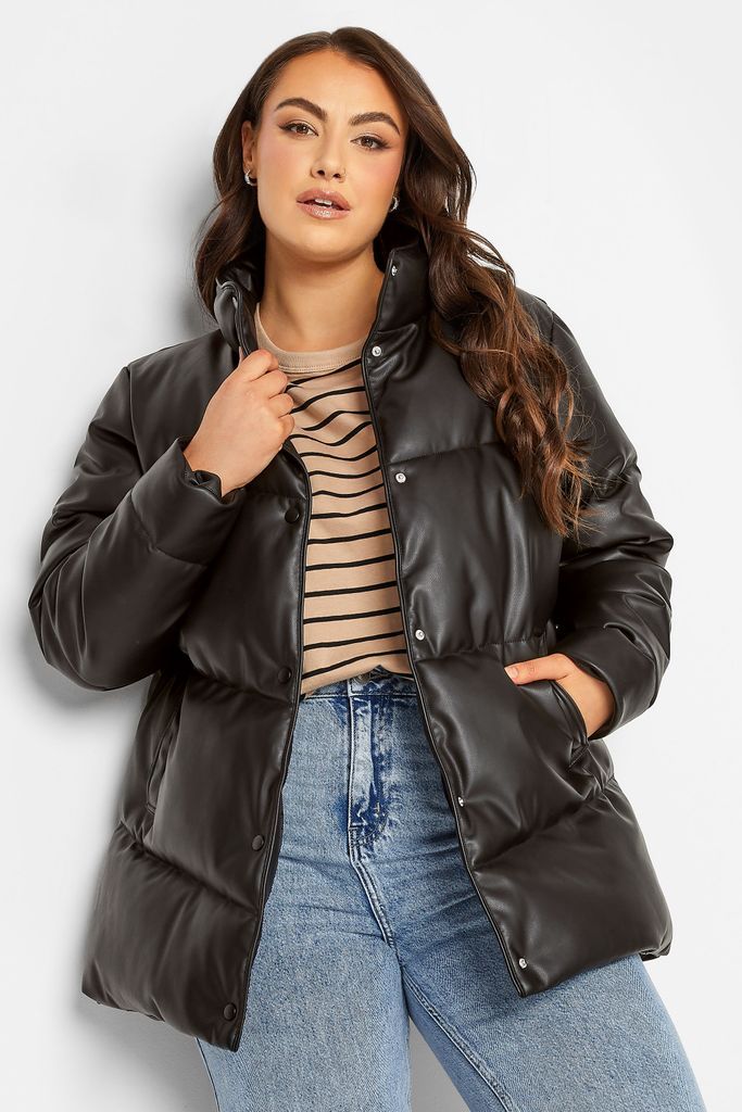 Curve Black Faux Leather Puffer Jacket, Women's Curve & Plus Size, Yours