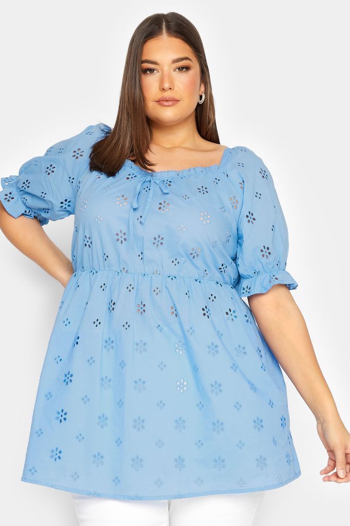 Curve Blue Broderie Anglaise Peplum Top, Women's Curve & Plus Size, Yours