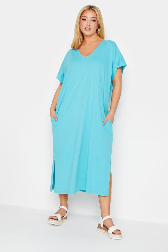 Curve Blue Side Split Midaxi Tshirt Dress, Women's Curve & Plus Size, Yours