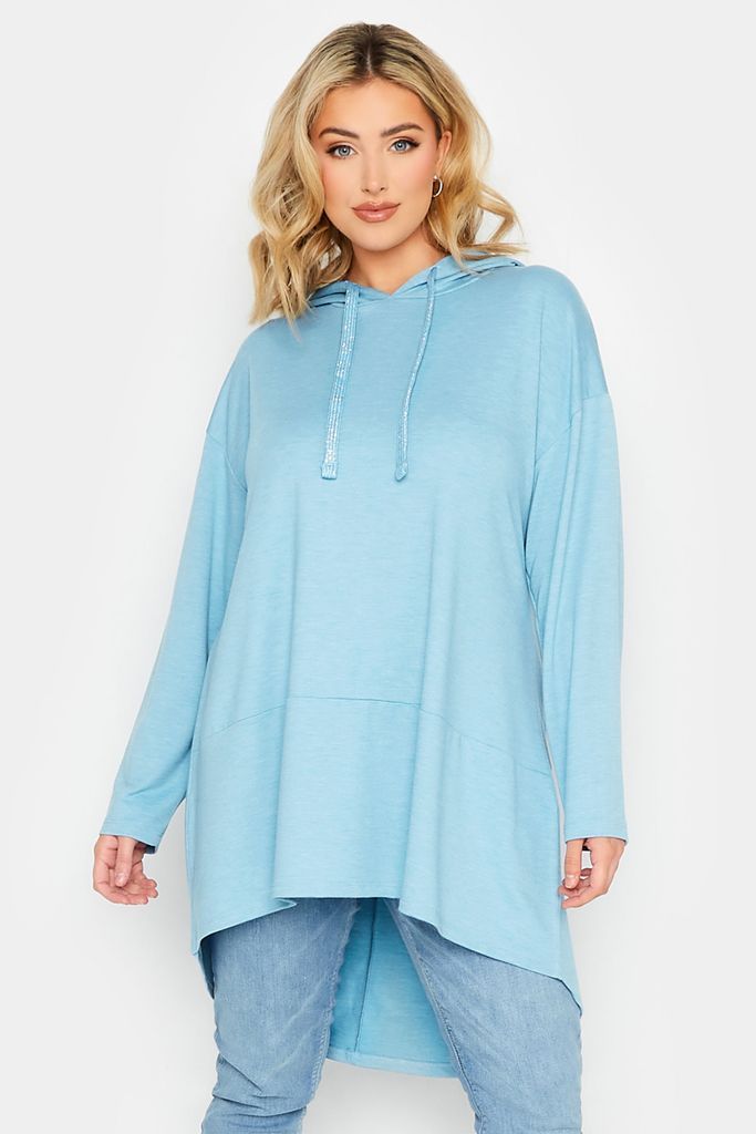 Curve Blue Metallic Cord Dipped Hem Hoodie, Women's Curve & Plus Size, Yours