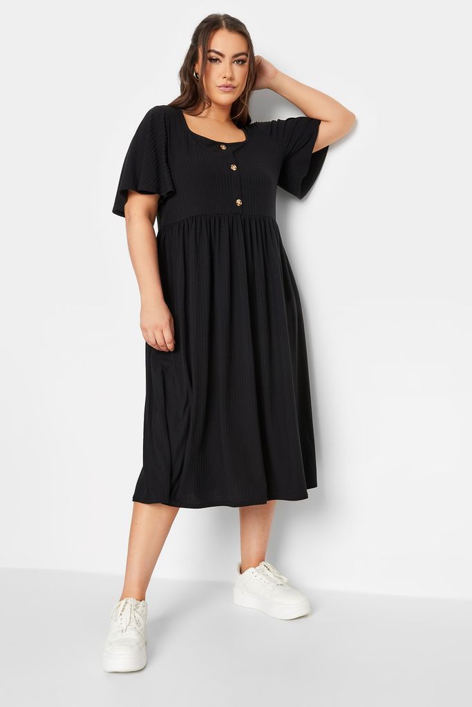 Curve Black Ribbed Square Neck Midi Dress, Women's Curve & Plus Size, Limited Collection