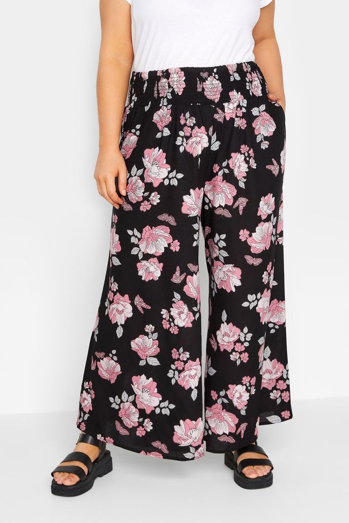 Curve Black Butterfly Print Shirred Waist Wide Leg Trousers, Women's Curve & Plus Size, Yours