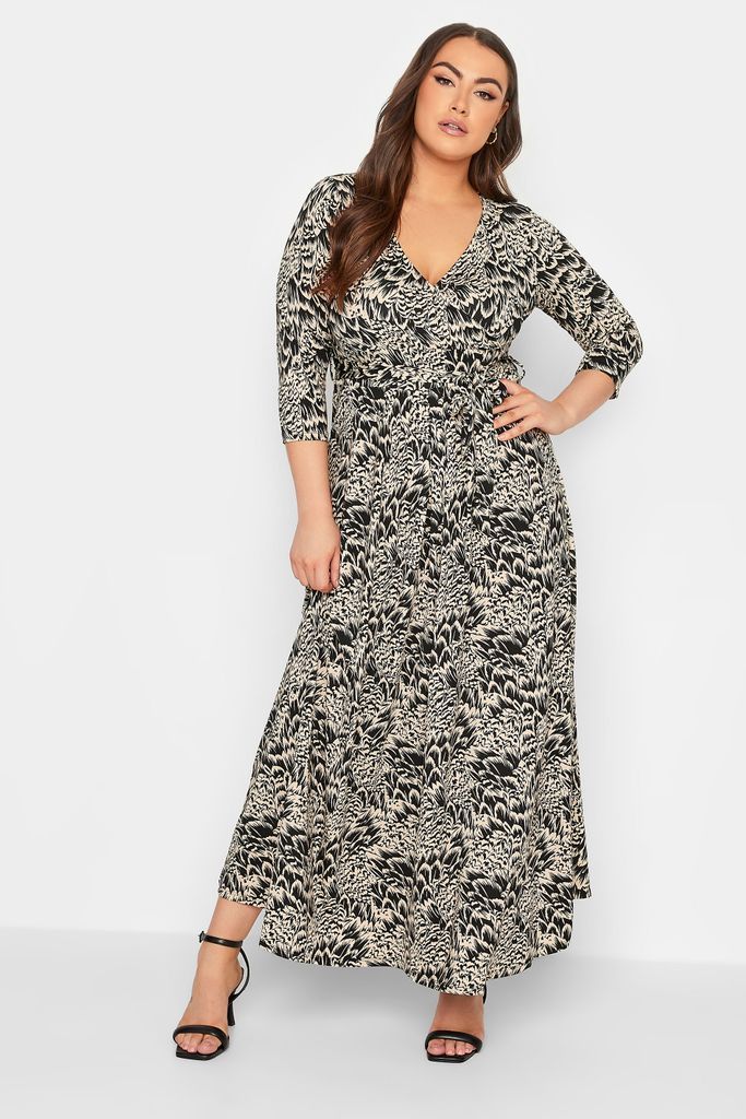 Curve Black & Beige Brown Abstract Floral Vneck Maxi Dress, Women's Curve & Plus Size, Yours
