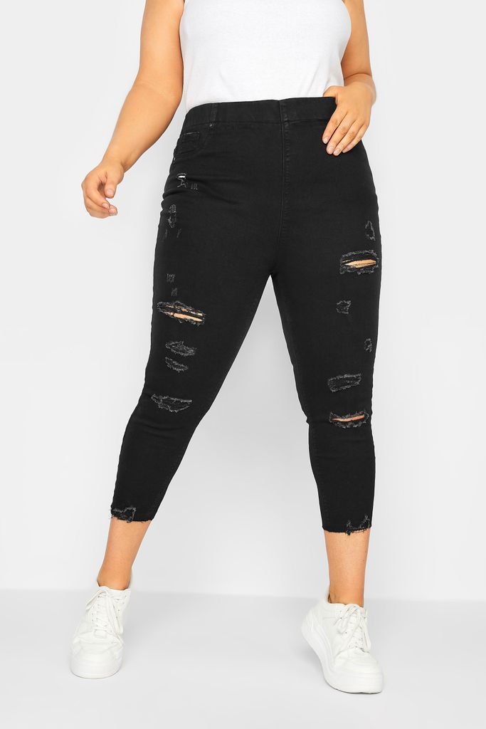 Curve Black Stretch Ripped Cropped Jenny Jeggings, Women's Curve & Plus Size, Yours