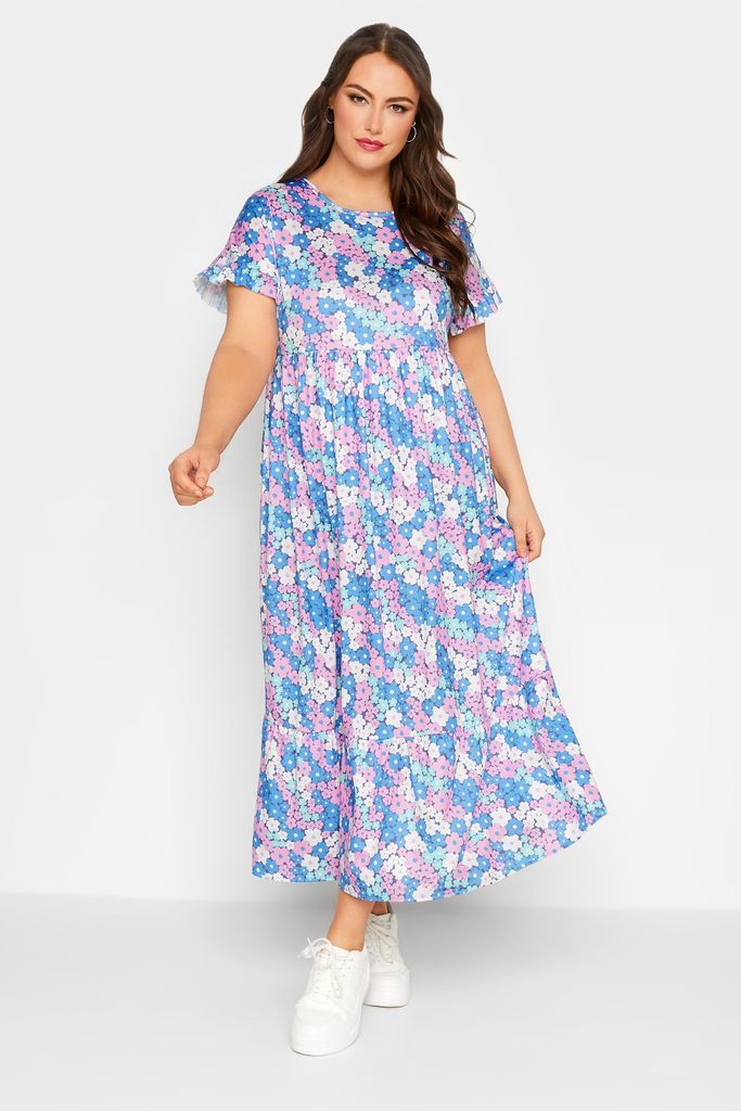 Curve Blue Floral Print Frill Sleeve Maxi Dress, Women's Curve & Plus Size, Limited Collection