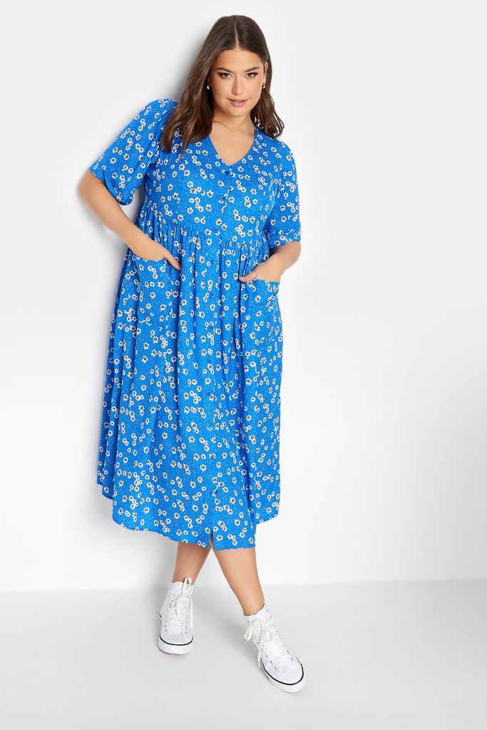 Curve Blue Daisy Print Smock Dress, Women's Curve & Plus Size, Yours
