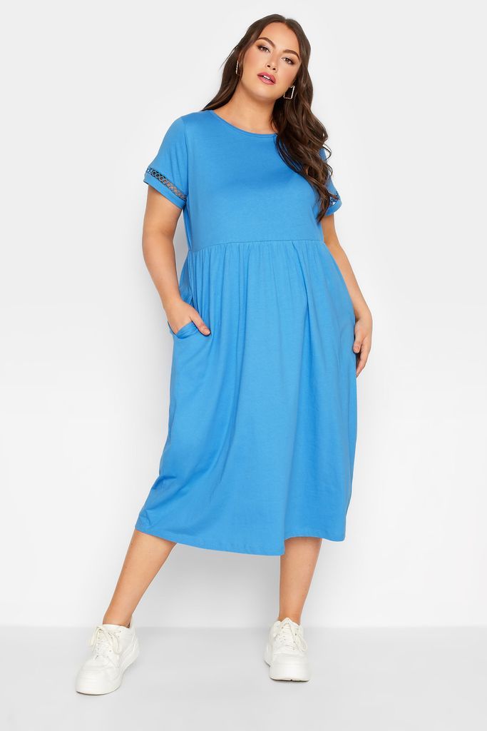 Curve Blue Crochet Trim Tshirt Dress, Women's Curve & Plus Size, Limited Collection