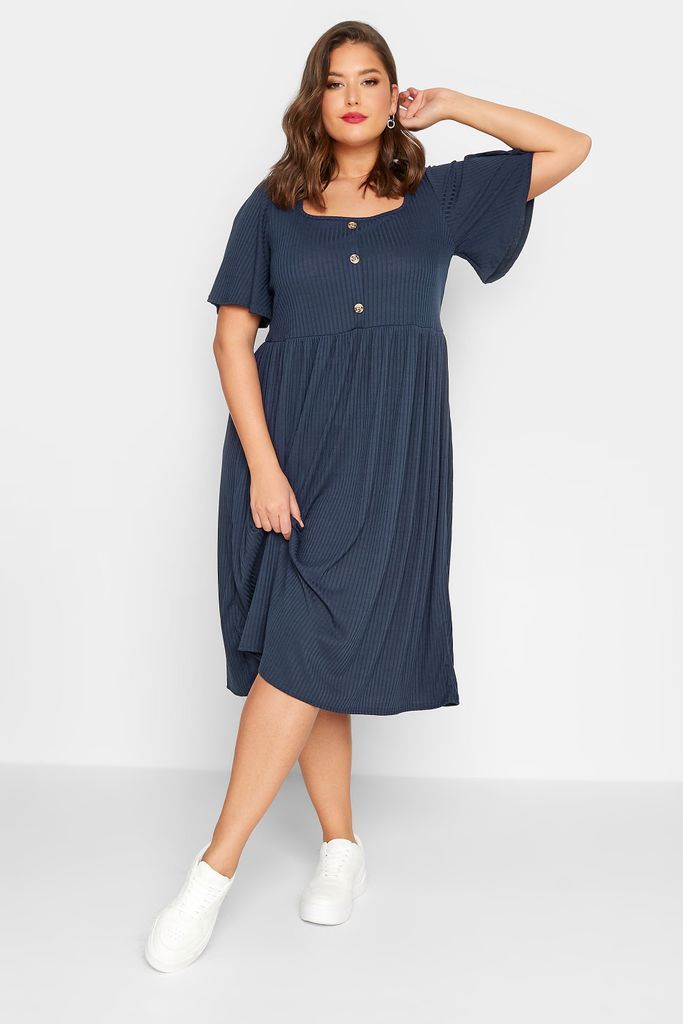 Curve Blue Ribbed Square Neck Midi Dress, Women's Curve & Plus Size, Limited Collection