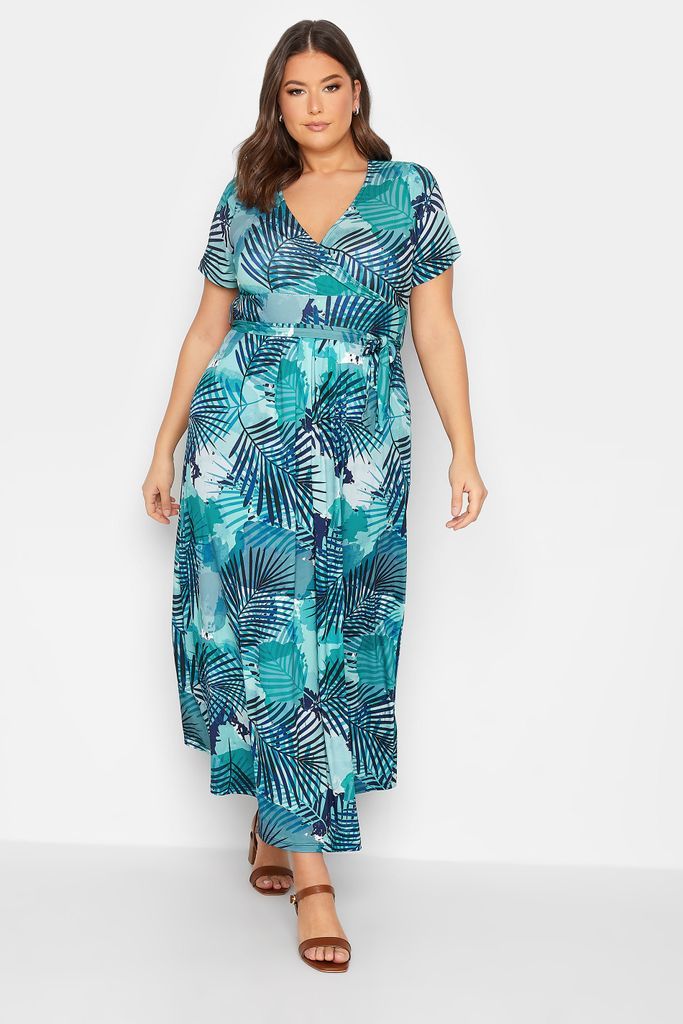 Curve Blue Leaf Print Wrap Maxi Dress, Women's Curve & Plus Size, Yours