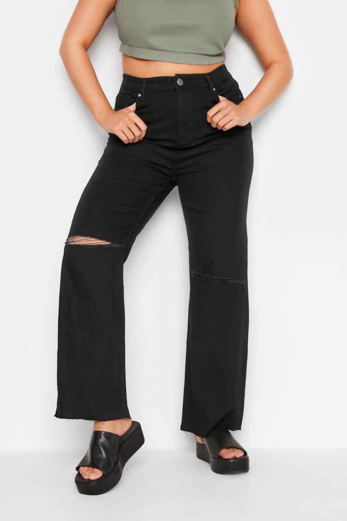 Curve Black Ripped Wide Leg Stretch Jeans, Women's Curve & Plus Size, Yours
