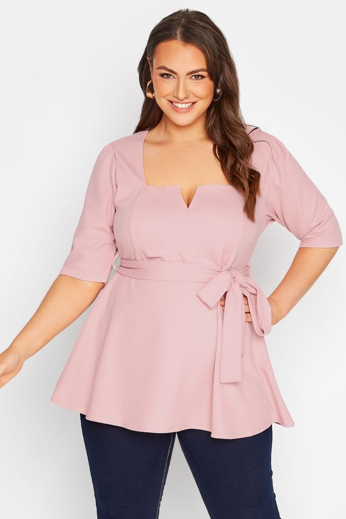 Curve Blush Pink Notch Neck Peplum Top, Women's Curve & Plus Size, Yours London